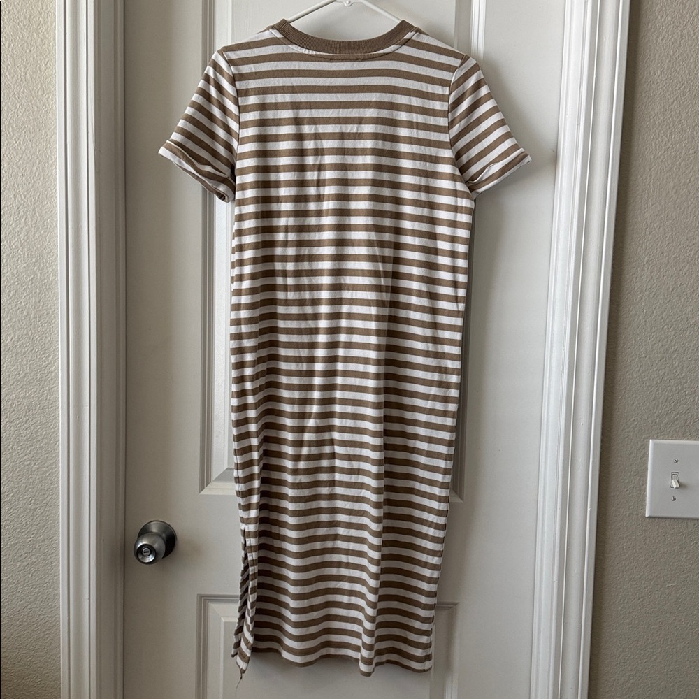 Striped Tan and White T-Shirt Dress - Picture 4 of 5